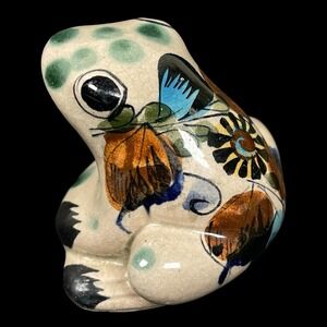 Vintage Tonala Ceramic Frog Figurine Hand Painted Talavera Mexico Folk Art